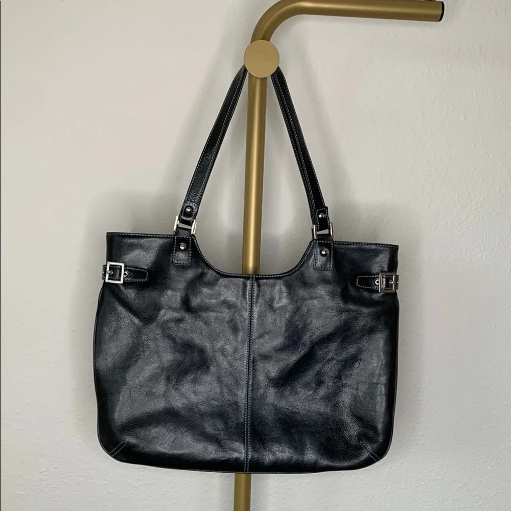 Nordstrom Black Leather Blue Stitching Casual Tote Bag Paisley Lining Lg Pockets